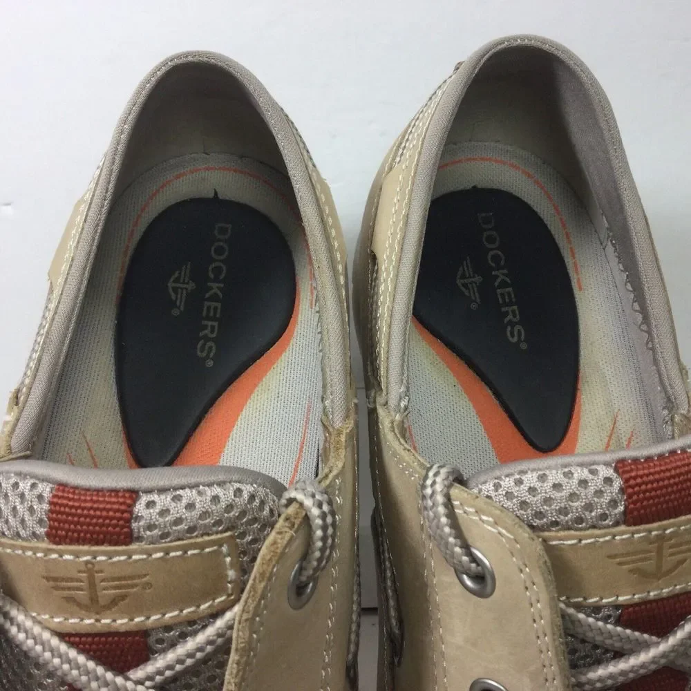 Dockers Mens Boat Deck Shoes Size 9M‎ Beige Leather Nautical Logo Casual Comfort
